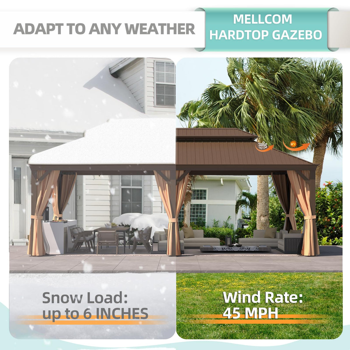 MELLCOM 12' x 22' Hardtop Gazebo,Galvanized Steel Metal Double Roof Aluminum Gazebo with Curtain and Netting,Brown Permanent Pavilion Gazebo with Aluminum Frame for Patios,Gardens,Lawns MELLCOM