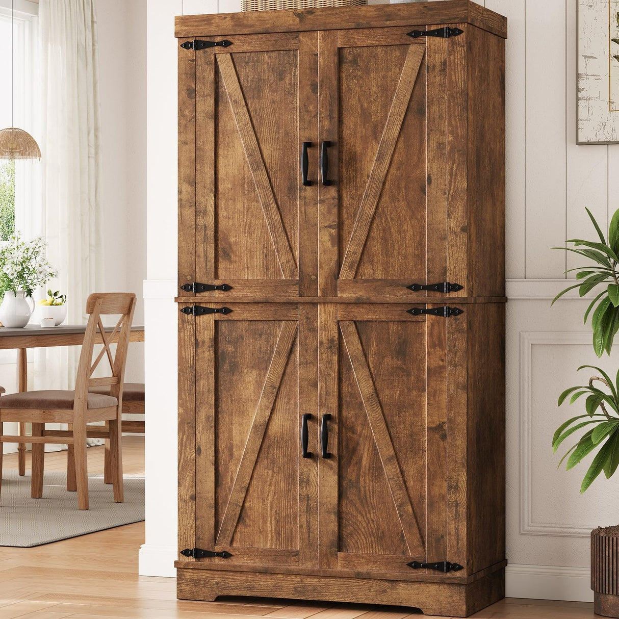 Pantry Cabinet,68'' Kitchen Pantry Storage Cabinet with 4 Doors and Adjustable Shelves, Farmhouse Tall Food Large Wood Pantry Storage Furniture for Kitchen Dining Room,Brown Jocoevol