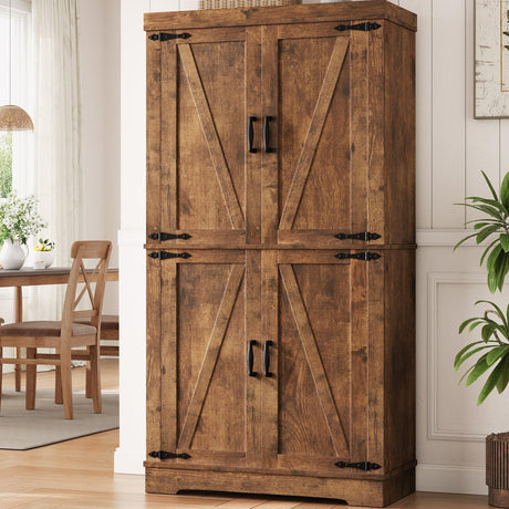 Pantry Cabinet,68'' Kitchen Pantry Storage Cabinet with 4 Doors and Adjustable Shelves, Farmhouse Tall Food Large Wood Pantry Storage Furniture for Kitchen Dining Room,Brown Jocoevol