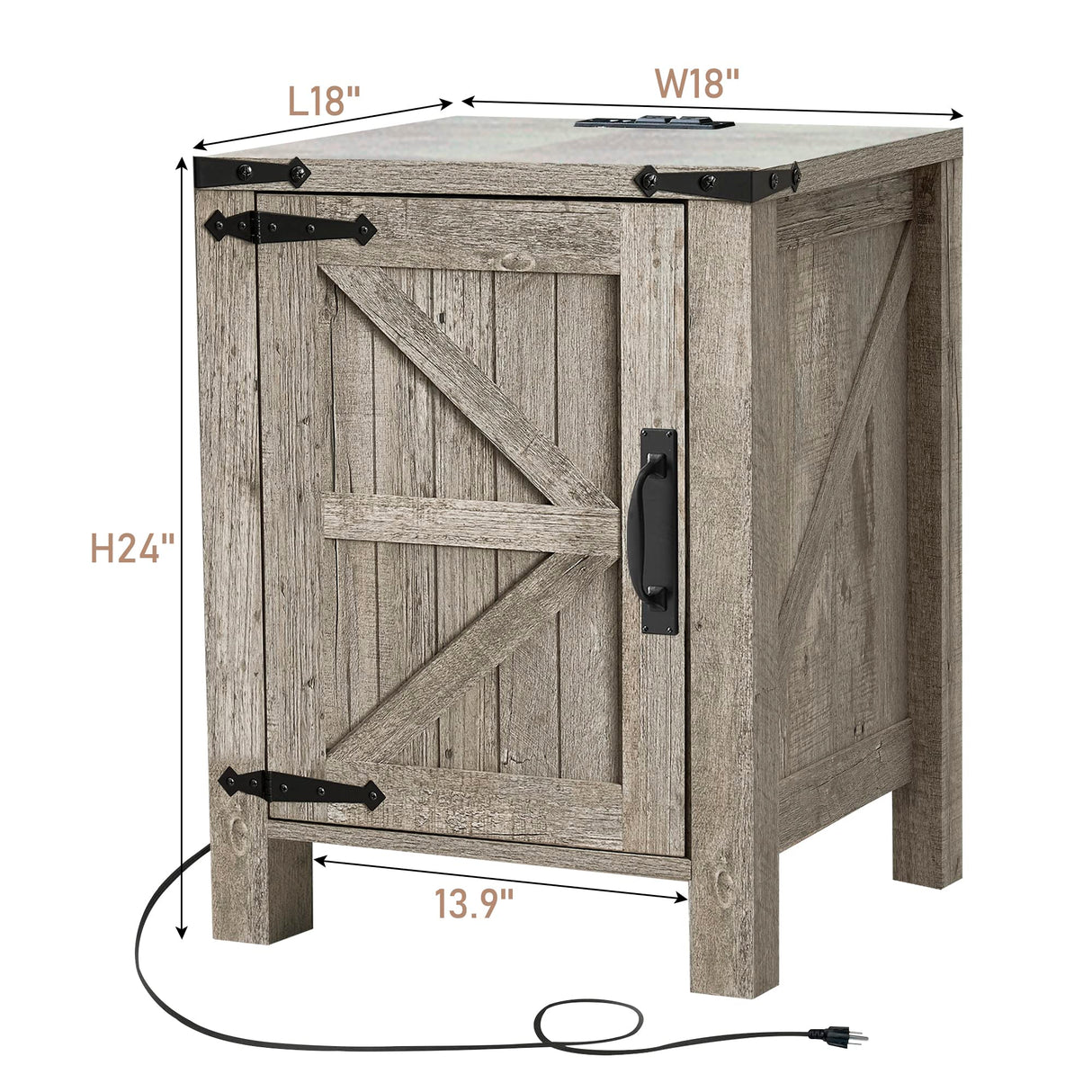 OKD Nightstand with Charging Station, 18 Inch Farmhouse End Table with Barn Door and Adjustable Storage Shelf, Rustic Wood Sofa Side Table w/Magnetic Door for Living Room, Bedroom, Light Rustic Oak OKD
