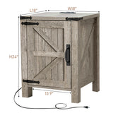 OKD Nightstand with Charging Station, 18 Inch Farmhouse End Table with Barn Door and Adjustable Storage Shelf, Rustic Wood Sofa Side Table w/Magnetic Door for Living Room, Bedroom, Light Rustic Oak OKD
