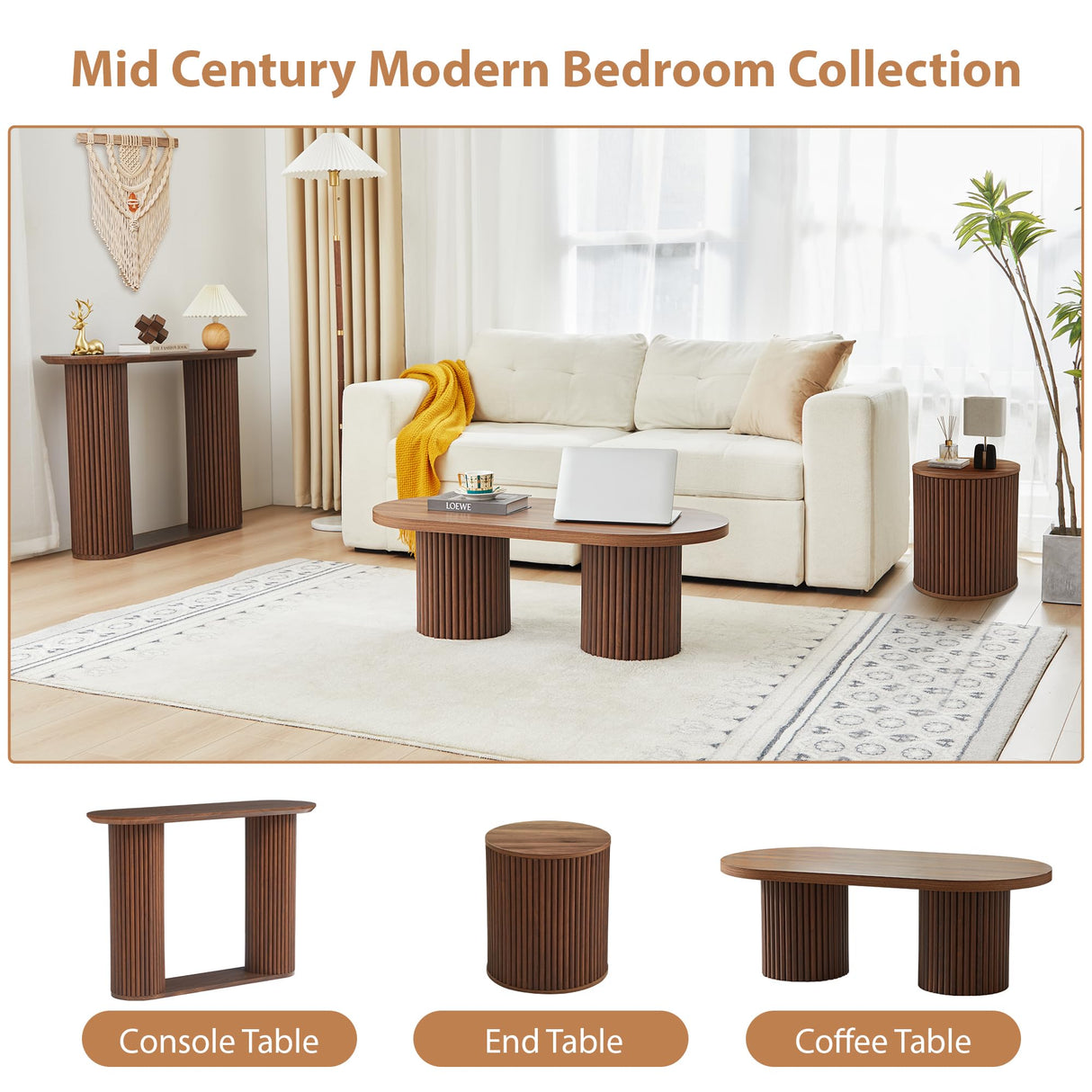 AVZEAR Small Round Side Table Fluted Night Stand Set of 2, Mid Century Modern End Table with Storage, Circle Bedside Tables Wood Nightstands for Small Spaces, Living Room, Bedroom (Walnut) AVZEAR