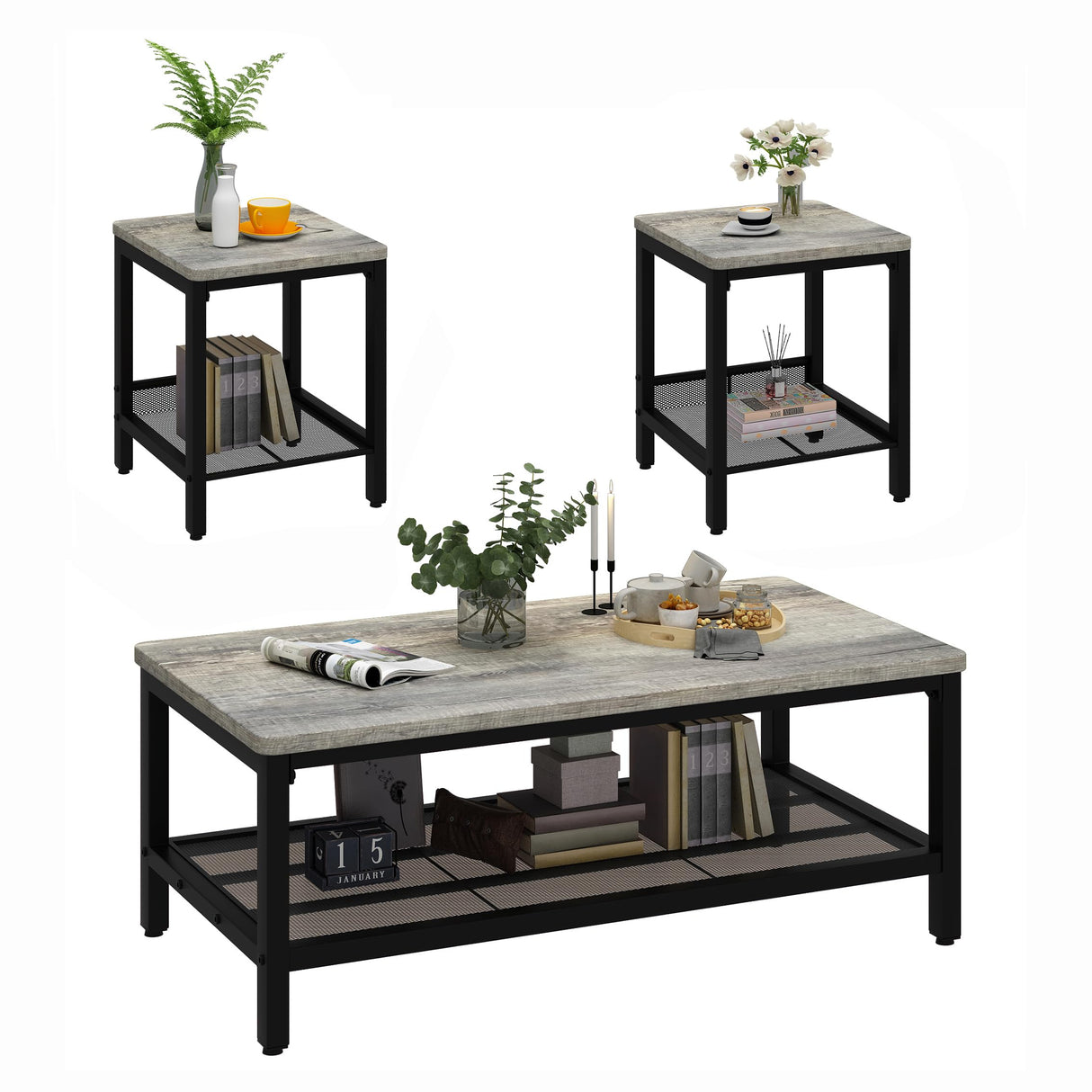 AWQM Coffee Table Set of 3, Industrial Coffee Table with 2 Square End Side Tables, Modern Living Room Table Set with Metal Frame for Apartment Home Office, Grey AWQM