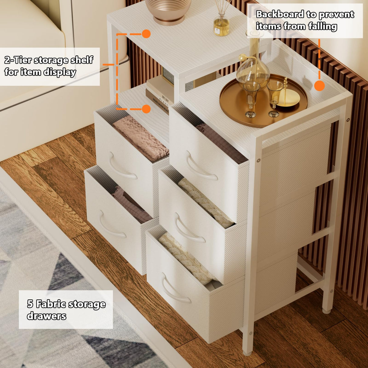 Furnulem 5 Drawer White Dressers for Bedroom Tall 2 Tier Shelf Storage Small Fabric Dresser for Closet Sturdy Metal Frame Modern Dresser Bedroom Dresser with Drawers for Hallway Rooms Furnulem