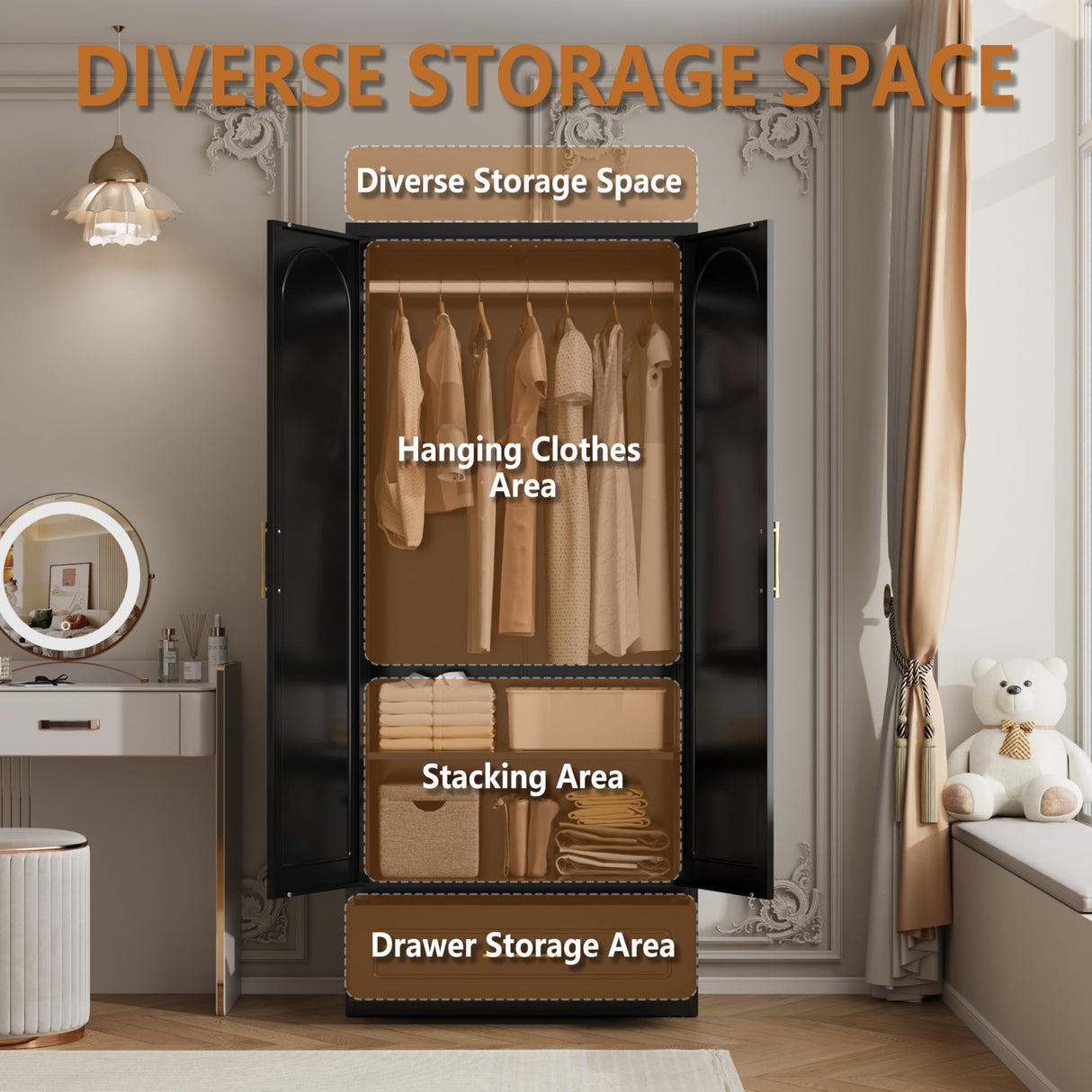 Polup Metal Armoire Wardrobe Closet with Drawer, 71“ Tall Freestanding Wardrobe Cabinet with Doors and Shelves, Large Armoire with Hanging Rod, Clothes Cabinets for Bedroom, Black, Assembly Required Polup