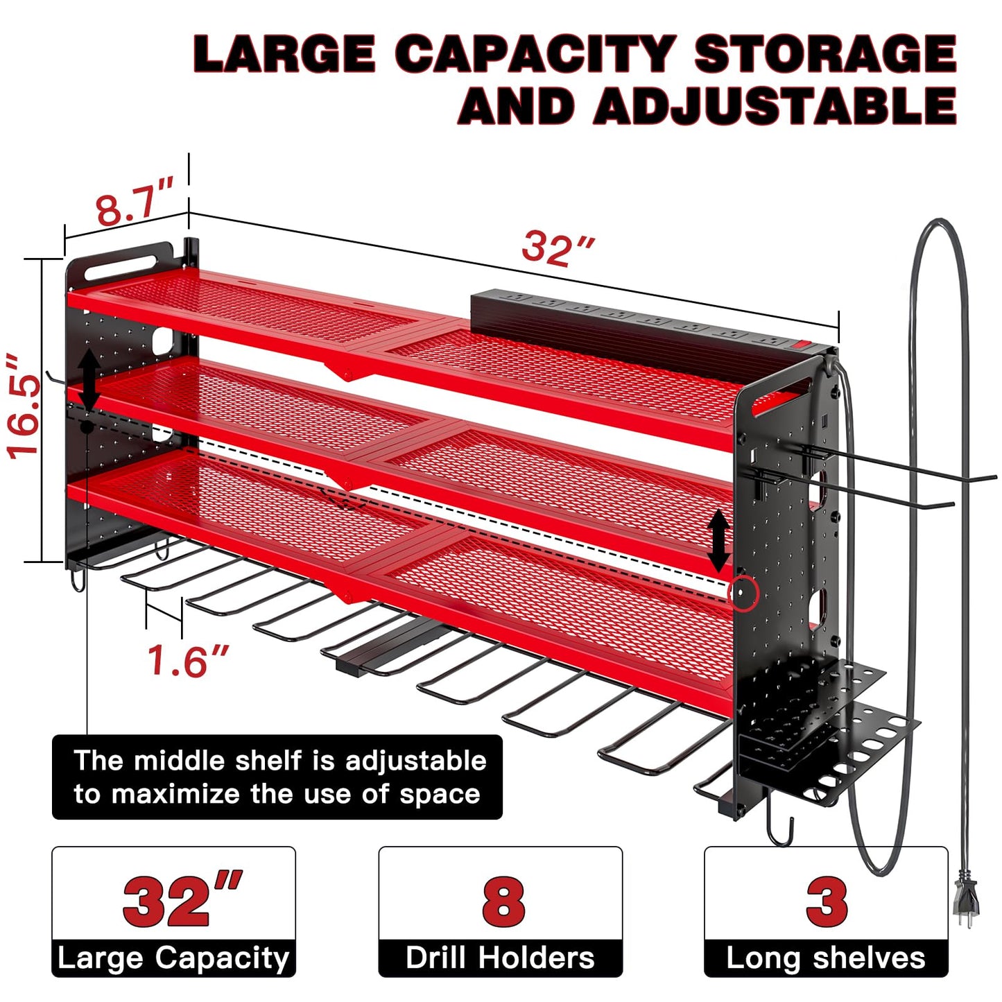 NattyDot Power Tool Organizer Wall Mount with Charging Station,Cordless Tool Organizer 8 Drill Holder, 4 Layer Storage Rack for Garage Organization,Tool Holder with 8 Outlet Power Strip (Red) - WoodArtSupply