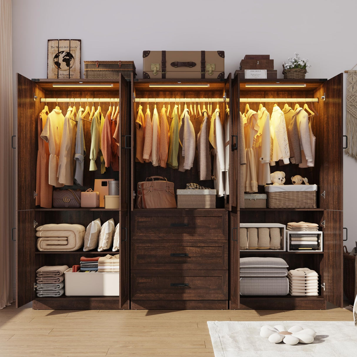 Hlivelood 75" Tall Farmhouse 6 Doors Armoire Wardrobe Closet with 3 Drawers and LED,Freestanding Closet Wardrobe Cabinet for Bedroom with Hanging Rod,Wooden Armoire Storage Cabinet(Brown 6 Doors 1) Hlivelood