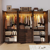 Hlivelood 75" Tall Farmhouse 6 Doors Armoire Wardrobe Closet with 3 Drawers and LED,Freestanding Closet Wardrobe Cabinet for Bedroom with Hanging Rod,Wooden Armoire Storage Cabinet(Brown 6 Doors 1) Hlivelood