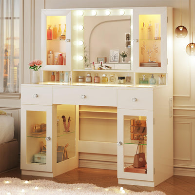 HUAHUU Vanity Desk with Mirror and RGB Lights, 43" Large Makeup Vanity with Glass Top, 4 Large Glass Cabinets, Power Outlet & 3 Drawers, 3 Colors Lighting Adjustable Brightness for Bedroom, White