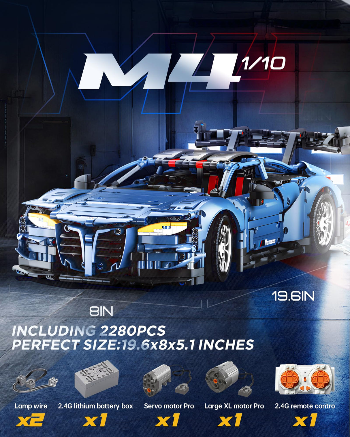 MOCBURIKU Remote Control Car Building Kit, 1/10 Scale M4 Supercar with Lights Motors Rechargeable Battery, Compatible with Technic Cars for Adults, STEM Gift for Boys Age 6 8 10 12 14+(2280 Pcs) MOCBURIKU