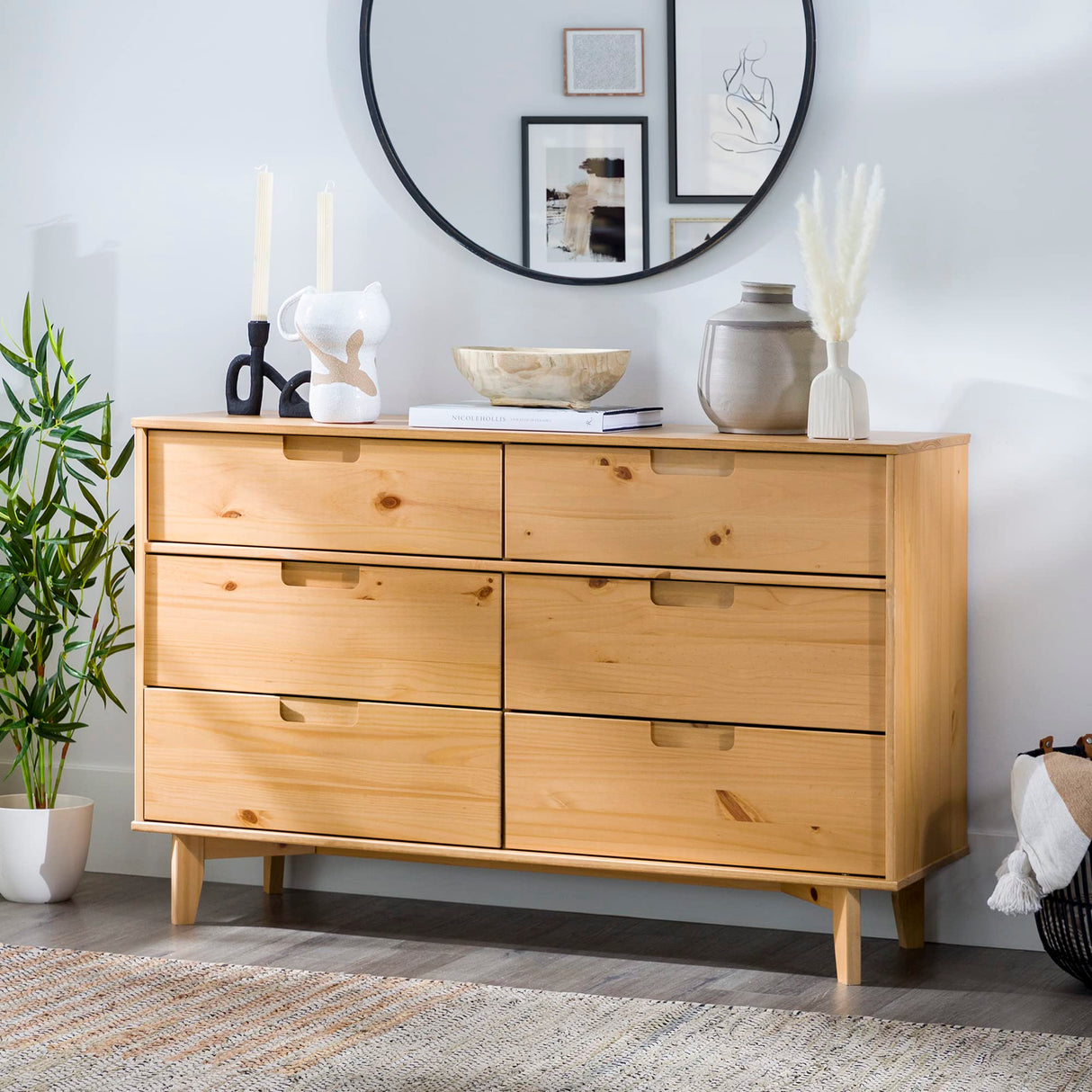 Walker Edison Mid-Century Modern Grooved Handle Wood 6-Drawer Dresser, 52 Inch, Natural Pine Walker Edision