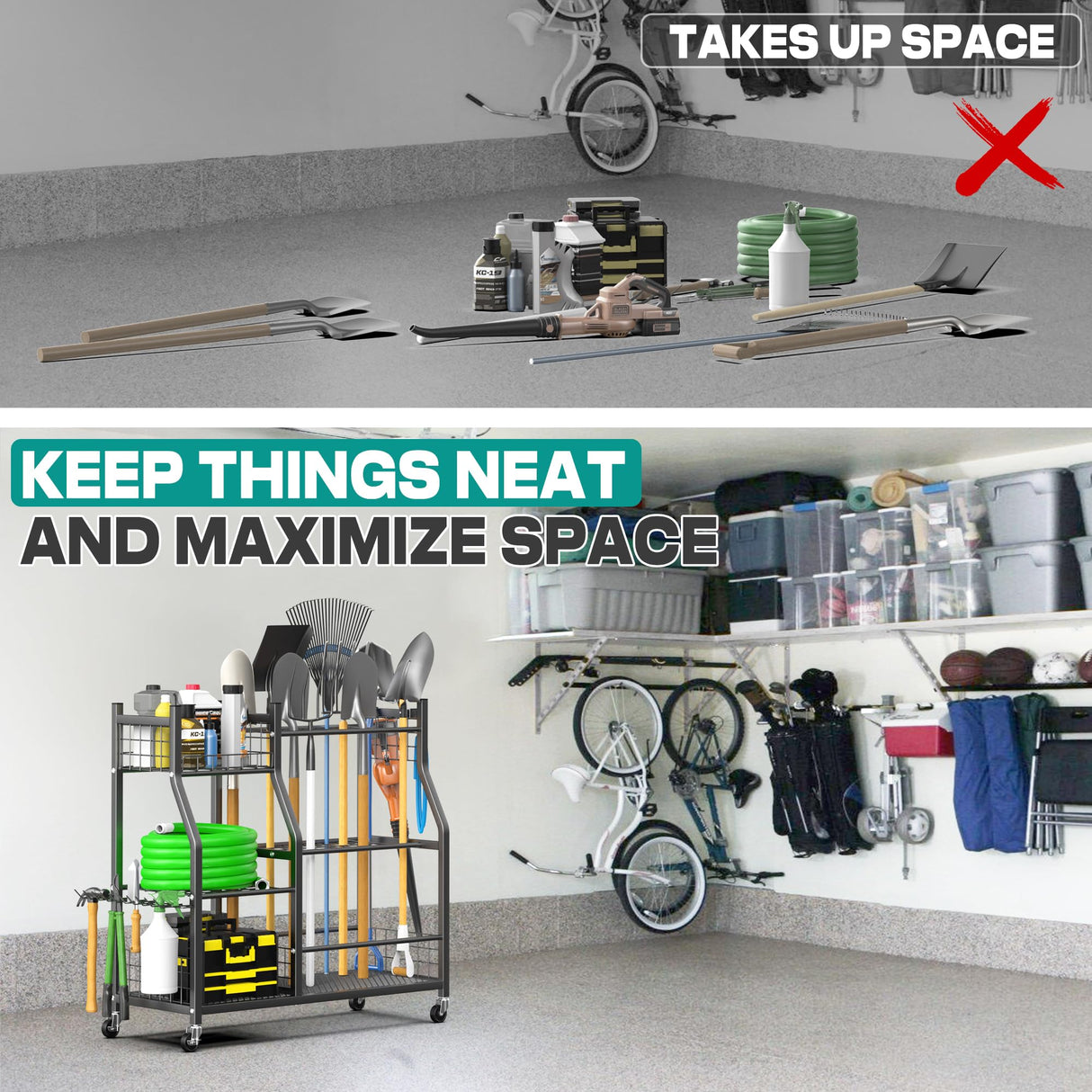 EVERHANGER Garden Tool Organizer Stand, Garage Tool Storage Organization, Yard Tool Racks with lockable wheels, Fit for Long-Handled Tools/Rakes/Brooms EVERHANGER