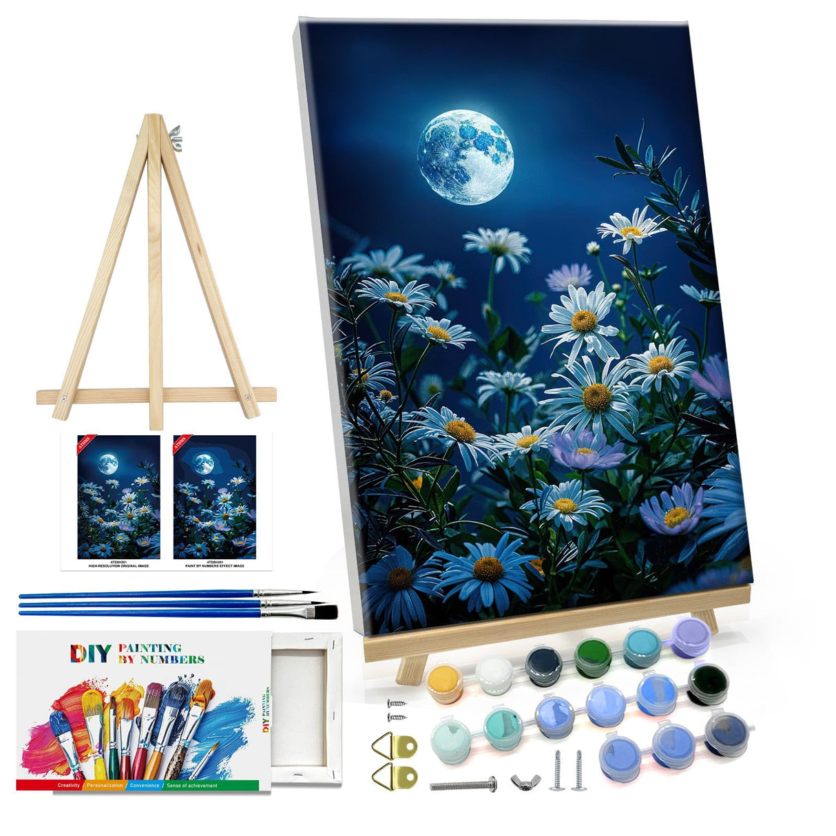 ATDMS Paint by Numbers Kit for Adults with Frame Landscape Paint by Number with Easel DIY Flowers Adult Paint by Number Kits on Canvas Framed Moon Oil Painting Kits for Home Wall Decor 8x12 Inch ATDMS