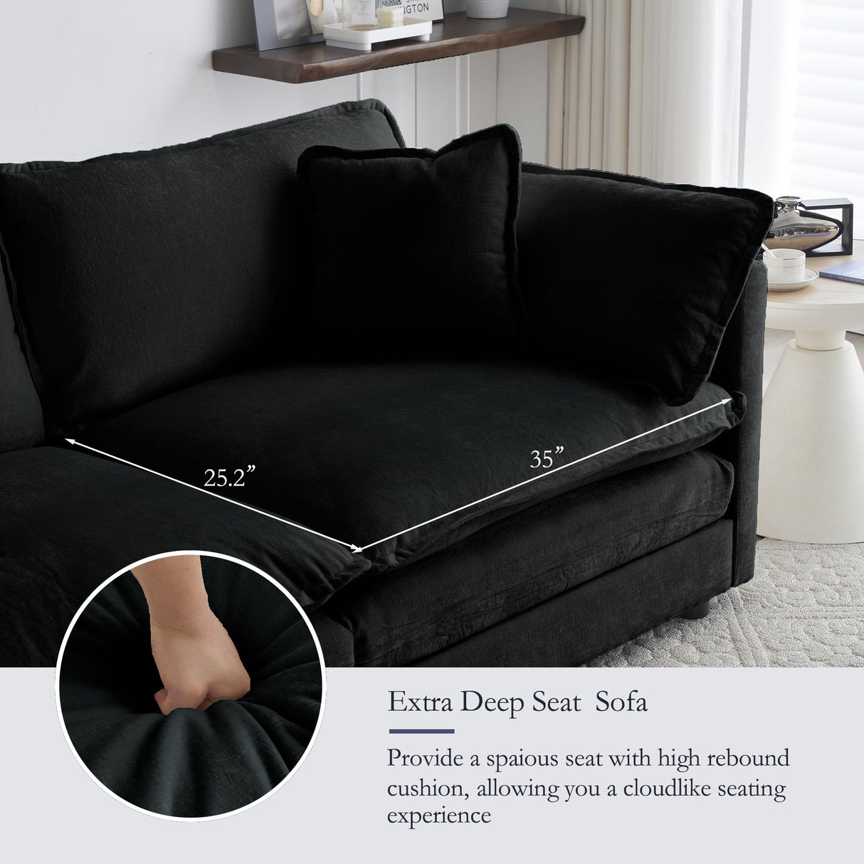 GNIXUU Deep Seat Sectional Sofa, Comfy Cloud Couch Loveseat with Ottoman, 76.7" Modern Chenille Upholstered Modular Sofa L Shaped Couch for Living Room, Apartment, Studio, Office(Black). GNIXUU