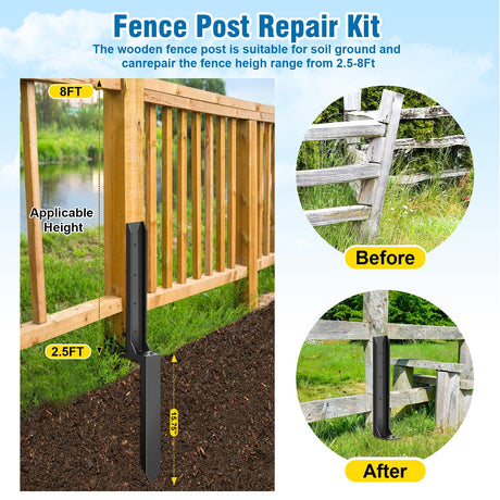 Dukelai 4 Pcs Fence Post Repair Kit,Heavy Duty Fence Post Anchor Kit, Fence Post Repair Stakes for Repair Tilted, Broken Wood Fence Post Dukelai