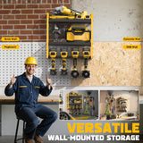 Ferreteriai Power Tool Organizer Wall Mount with Broom Holder Combo, Yellow & Black 3-Tier Garage Storage Rack with Battery Storage, 4 Drill Holder Slots, Heavy Duty Steel 150LB Capacity Ferreteriai