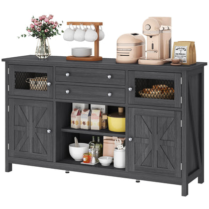 YITAHOME 59" Sideboard Cabinet, Farmhouse Buffet Cabinet with Storage, Kitchen Cabinet with 2 Large Drawers & Visual Grid Door, Coffee Bar Cabinet with Barn Door for Living Room, Dark Grey