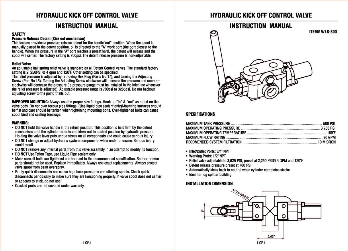 Delavan KOV30-NPT PowerMAX™ 30 GPM Log Splitter Kick-Off Control Valve Delavan Ag Pumps, Inc.