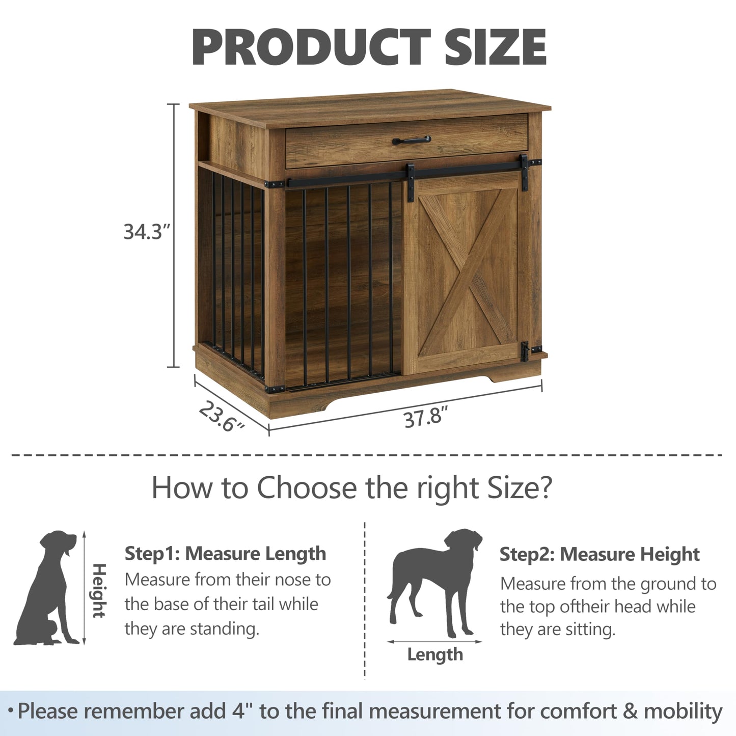 KACVON 37.8" Dog Crate Furniture - Indoor Wooden Dog Kennel Furniture with Sliding Barn Door and Storage Drawer, Rustic Oak - WoodArtSupply