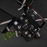 BEWISHOME Jewelry Box for Men, Mens Jewelry Box with Glass Top, Wooden Watch Box Organizer with Smooth Faux Leather Interior, Jewelry Display Case for Earrings Rings Bracelets Watches, Brown SSH07Y BEWISHOME