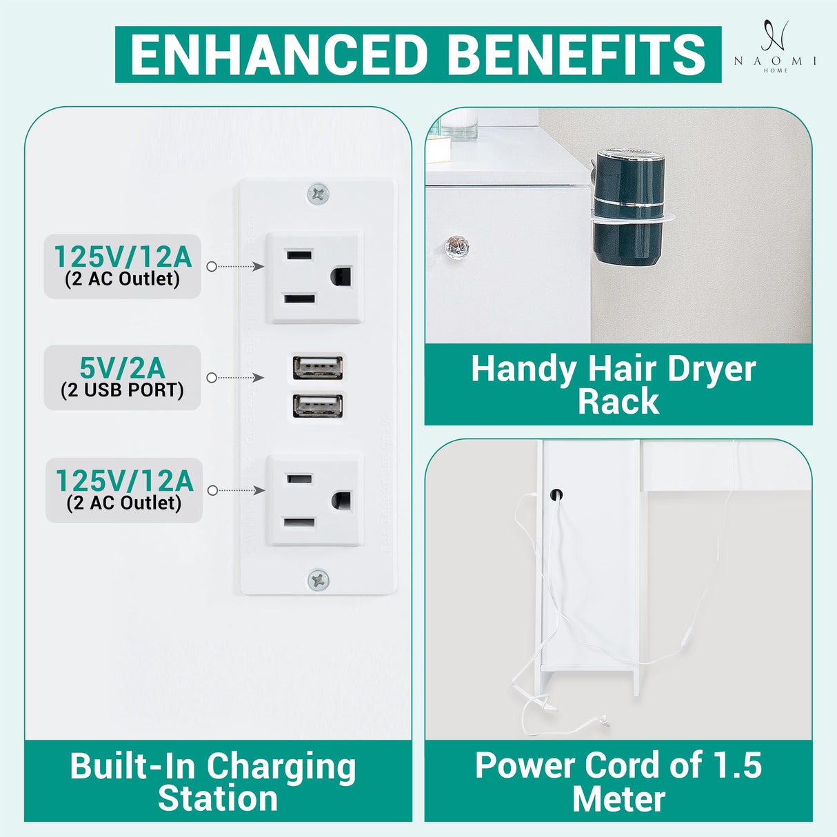 Naomi Home Vera Makeup Vanity with 11 Lights, Vanity Desk with Power Outlet, Makeup Vanity Table with 7 Drawers, Large Mirror, Dressing Vanity Table for Bedroom - White, with Stool Naomi Home