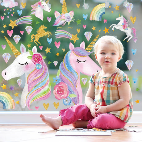 JarThenaAMCS Pink Watercolor Glitter Window Clings Double-Sided Cartoon Animal Rainbow Star Heart Diamond Window Decals Decor for Classroom Nursery Home, 15.7 x 11.8, 4 Sheet JarThenaAMCS