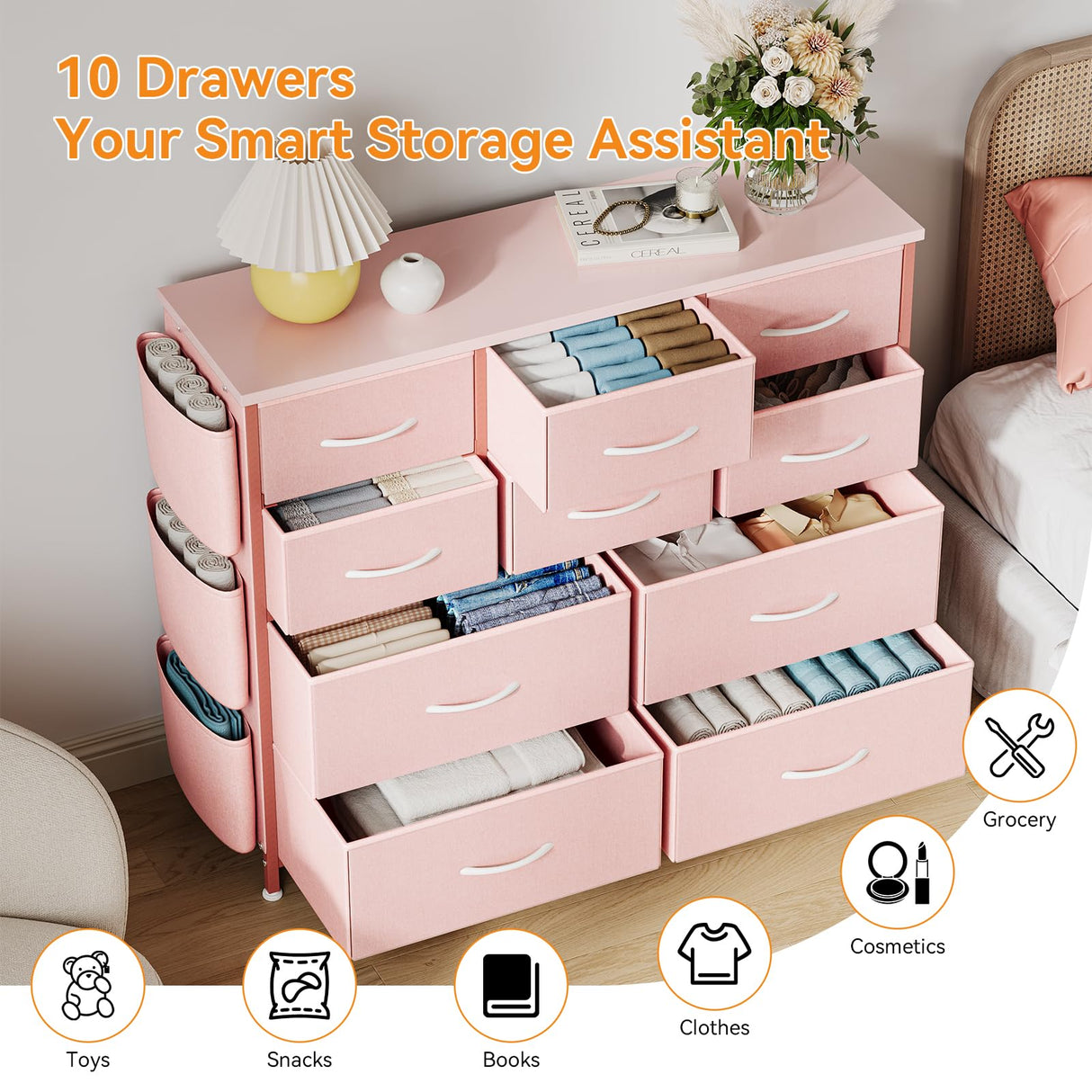 Dresser for Bedroom, Fabric Dressers & Chests of Drawers with Side Pockets, Chest of Drawers for Closet, Living Room, Closet, Hallway Garveehome