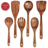 Luxury Teak Wood Utensil Set - Elegant 6-Piece Cooking Ensemble Including Spoons, Server, Scraper & Spatula - Expertly Crafted for Culinary Excellence Boxiki Kitchen