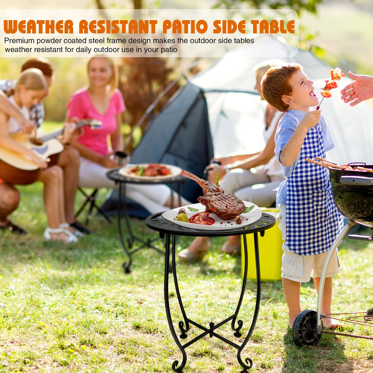 Outdoor Side Table for Small Spaces, Versatile 14 Inch Round Metal End Table for Patio Balcony Yard Porch Garden Bedside, Anti-Rust and Waterproof Accent Table for Indoor Outdoor Use, Easy Assembly Plant Castle