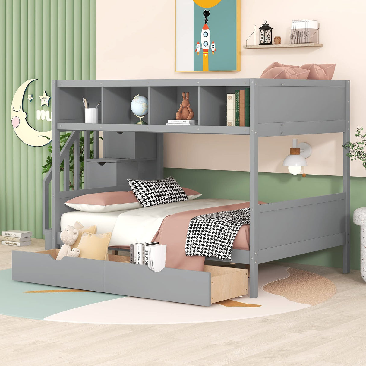 Bunk Bed Twin Over Full with Storage Staircase and 2 Drawers, Wooden Bunk Bed Frame with 4 Storage Shelves for Kids Boys Girls Teens (Gray@028) Brabrety