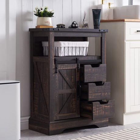 OKD Bathroom Floor Cabinet, Farmhouse Storage Cabinet with Sliding Barn Door & Storage Drawers, Small Storage Cabinet for Bathroom, Kitchen, Living Room, Dark Rustic Oak OKD