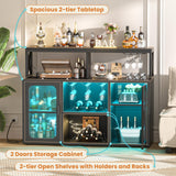 Aheaplus Bar Cabinet with Power Outlets, Liquor Cabinet with Led Lights and Glass Holder, Storage Buffet Cabinet Coffee Bar Cabinet for Liquor, Wine Cabinet with Racks -G2, Black Aheaplus
