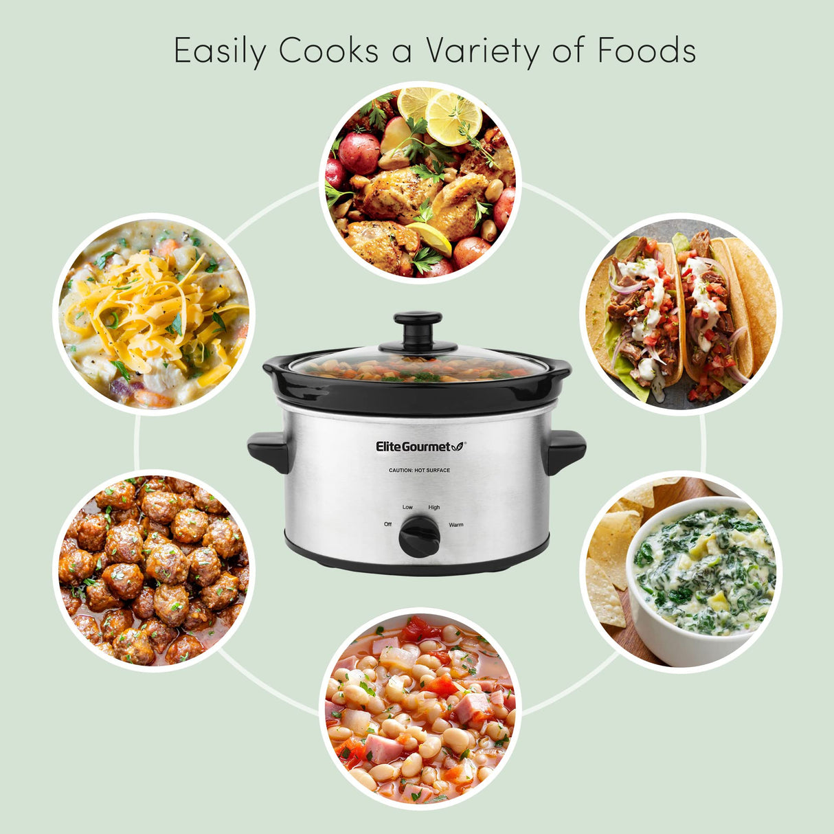 Elite Gourmet MST-275XS Electric Oval Slow Cooker, Adjustable Temp, Entrees, Sauces, Stews & Dips, Dishwasher Safe Glass Lid & Crock (2 Quart, Stainless Steel) Elite Gourmet