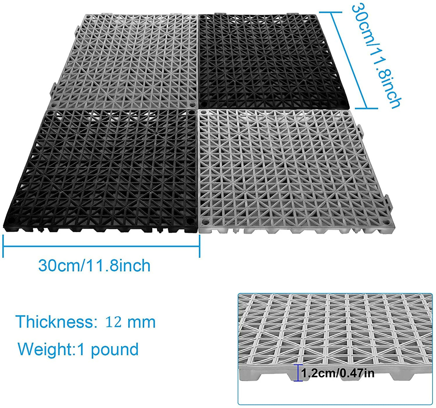 FengWu 12 Pack 12 x 12 Interlocking Rubber Bathroom Flooring Tiles Non-Slip Splicing Waterproof Mat Modular Interlocking Cushion Mat for Drain,Deck,Pool, Patio, Balcony, Shower, Kitchen, Yard, Grey