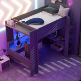 Wood Full Size Gaming Loft Bed with Desk, Multifunctional Gaming Bed with Multi-Storage Shelves, LED and Charging Station, Guardrail and Ladder, High Loft Bedframe for Teens Adults, Dark Gray Janusline