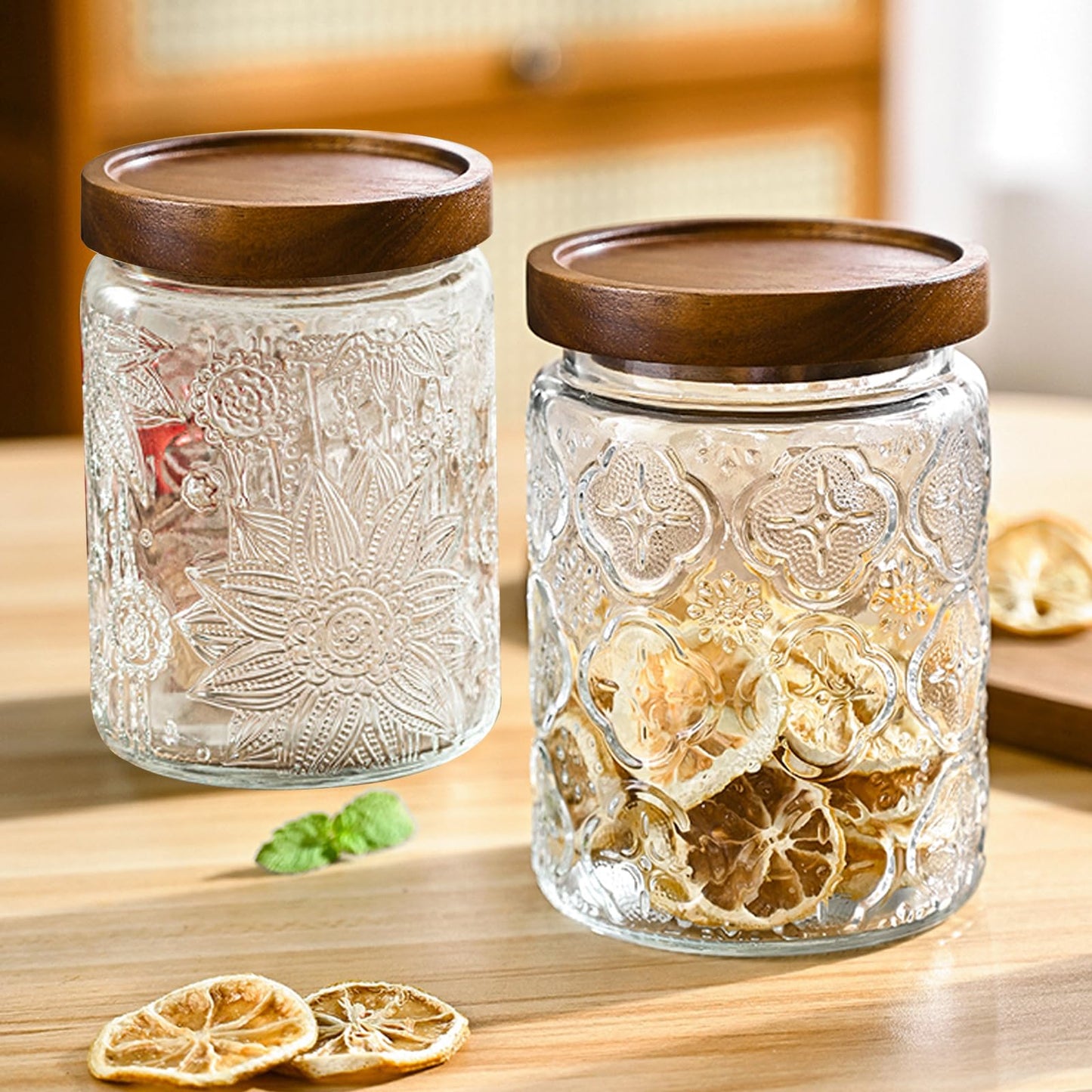 24 OZ/4 PCS Glass Storage Jar with Airtight Bamboo Wooden Lids, Vintage Food Containers Canisters Sets for Kitchen Counter Pantry, Sugar, Flour, Candy, Tea, Coffee Beans, Oats, Grain Bin, Pasta,