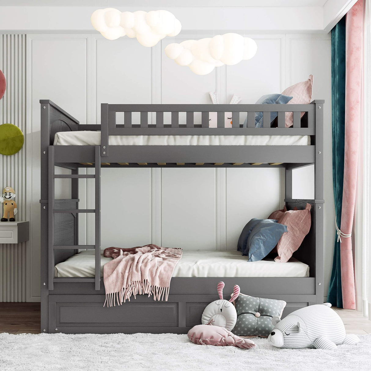 SOFTSEA Full Over Full Bunk Bed with Trundle Bedroom Furniture Solid Wood Bunk Beds Frame, Divided Into Two Separate Full Beds, Gray SOFTSEA