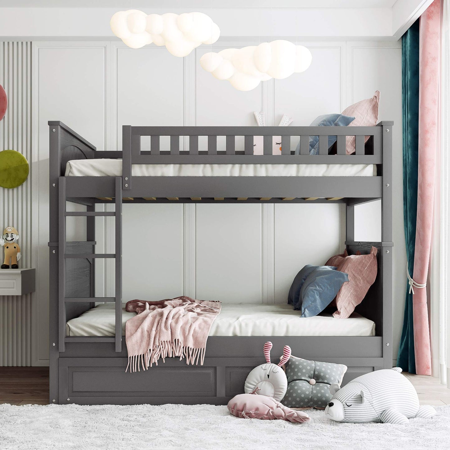 SOFTSEA Full Over Full Bunk Bed with Trundle Bedroom Furniture Solid Wood Bunk Beds Frame, Divided Into Two Separate Full Beds, Gray