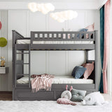 SOFTSEA Full Over Full Bunk Bed with Trundle Bedroom Furniture Solid Wood Bunk Beds Frame, Divided Into Two Separate Full Beds, Gray SOFTSEA