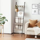 ELYKEN Blanket Ladder for Living Room, Farmhouse 5 -Tier Quilt Holder with 4 Removable Hooks for Bathroom, Wood Towel Rack Display, Wall Anchor Leaning Decorative Stand for Home Decor, White Oak ELYKEN