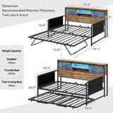 Dnxao Daybed with Pop Up Trundle,Farmhouse Twin to King Daybed with 2-Tier Storage,LED Lights and Charging Station,2 Storage Pockets,Twin Bed Frame for Living Room,Bedroom,Rustic Brown Dnxao