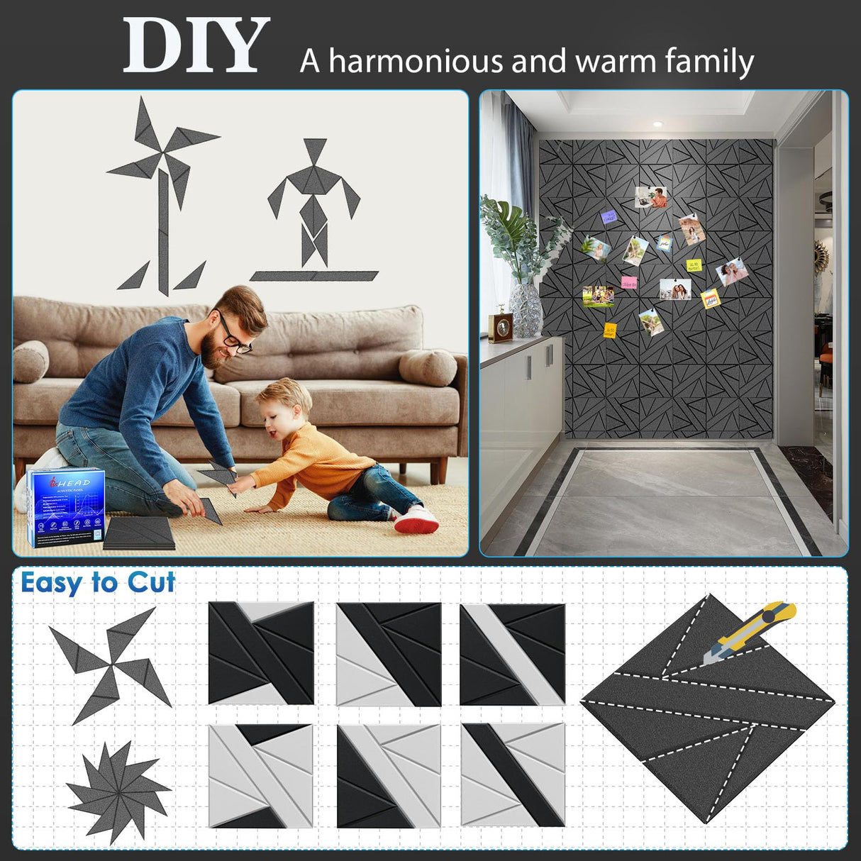 8 Pack Self-Adhesive Soundproof Wall Panels, 12 x 12 x 0.47 In Sound Proof Foam Panels for Walls, 1.2lb/ft³ High Density, Thicker 0.47in, Acoustic Panels, Noise Dampening Panels Studio Black BSHEAD