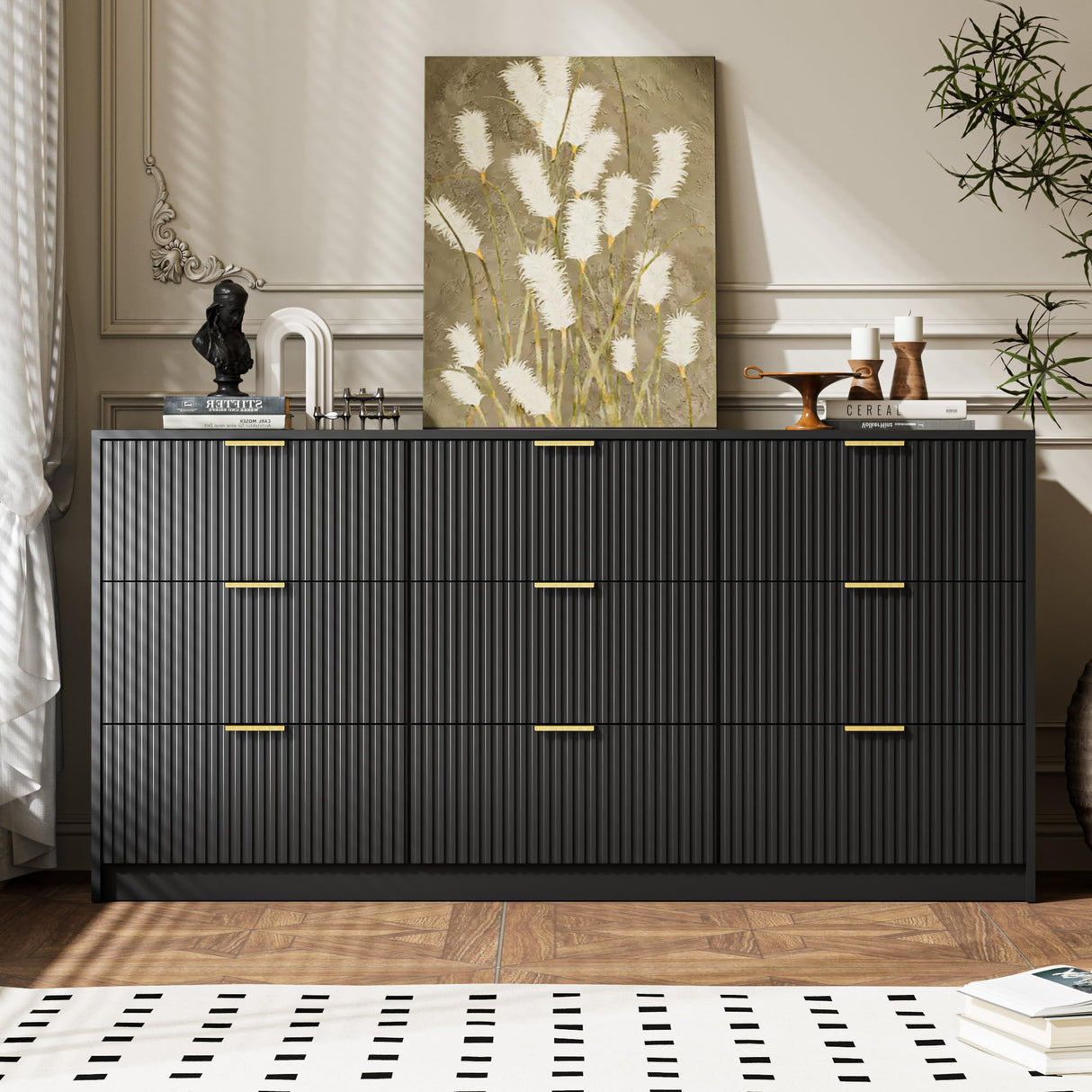 MAISONARIA Black Dresser for Bedroom, 9 Drawer Double Dresser, Modern Chest of Drawers for Bedroom, Living Room, Entryway and Closet, 63" L x 15.7" D x 31.5" H MAISONARIA