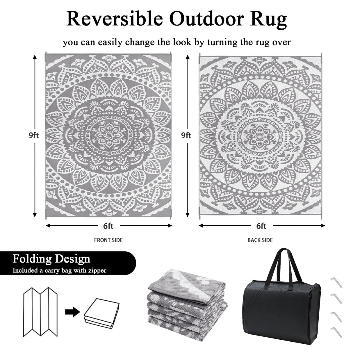 Bsmathom Waterproof Outdoor Rug 6'x9' Reversible Boho Plastic Straw Patio Deck Camping Rugs, Indoor Outdoor Portable RV Mat Clearance Carpet for Outside, Porch, Balcony, Backyard, Beach, Pool,Grey Bsmathom