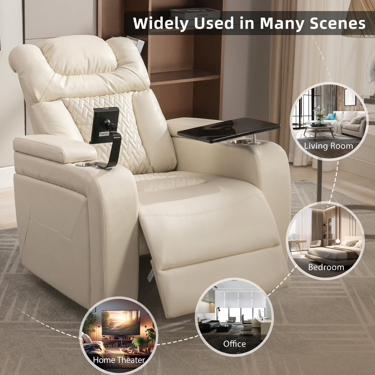 Merax 270 Degree Swivel PU Leather Power Recliner Individual Seat Home Theater Recliner with USB Port, Comforable Backrest, Cup Holder, Removable Tray Table, Hidden Arm Storage for Living Room, White Merax