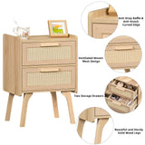 Lerliuo Rattan Nightstand, Boho Night Stand with 2 Drawers, Cane Accent Side End Table, Bedside Table with Solid Wood Legs for Bedroom, Dorm and Small Spaces (Natural) Lerliuo