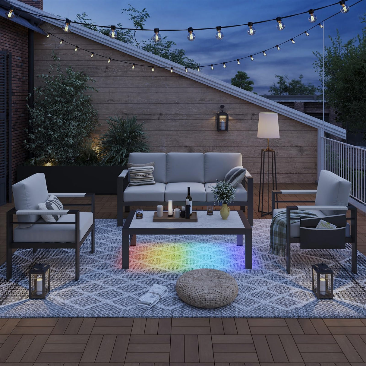 Bestier Aluminum Patio Coffee Table with LED, Rectangle Outdoor Side Table with Marble Texture Top, All-Weather Patio Furniture Dining Table with Waterproof Olefin Bag, Anti-Slip, Backyard, Balcony Bestier