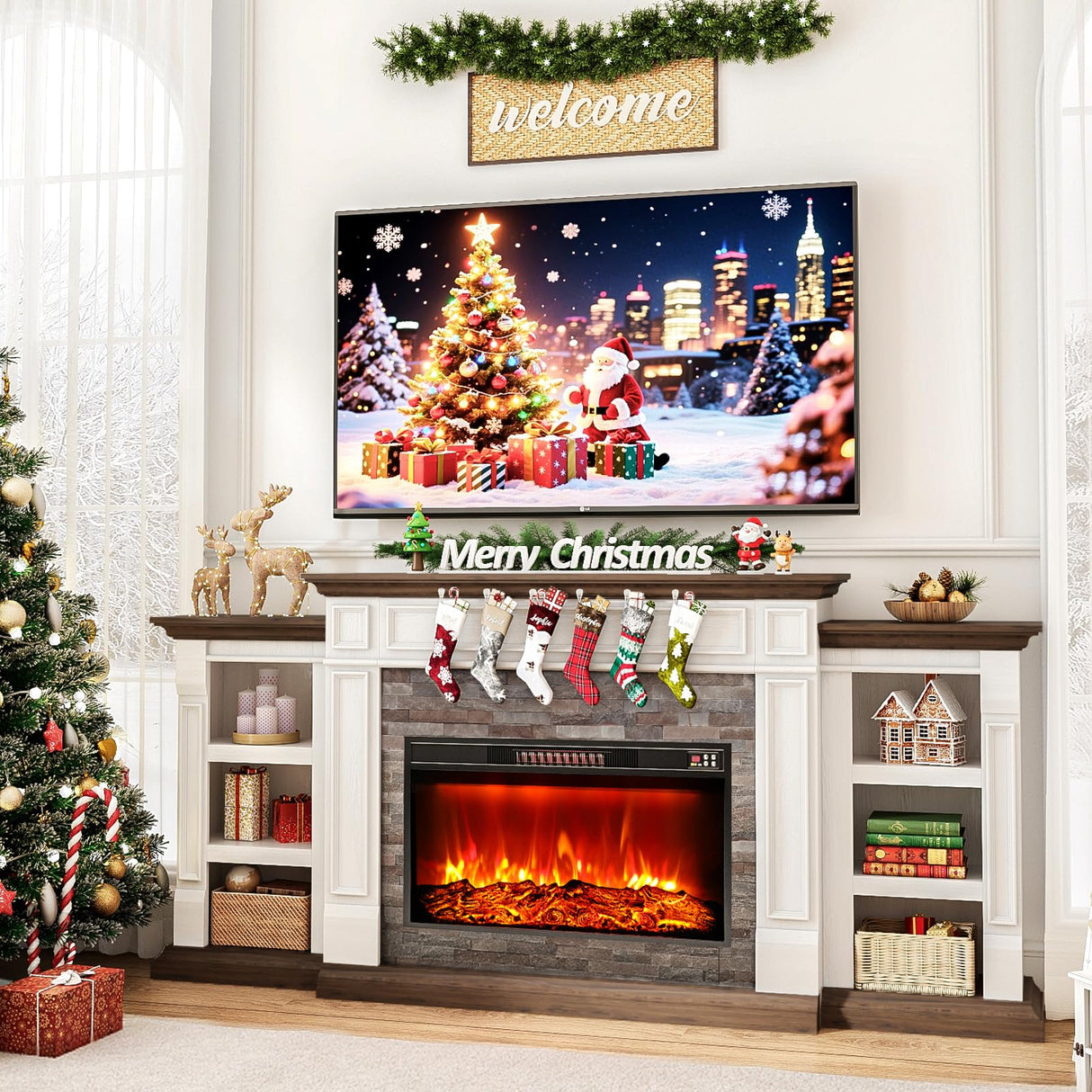 80" Fireplace TV Stand for TVs Up to 90 Inch, Electric Fireplace with Mantel, Farmhouse Entertainment Center with Storage, Realistic Stacked Stone Surround with Remote Control for Living Room HolliWill