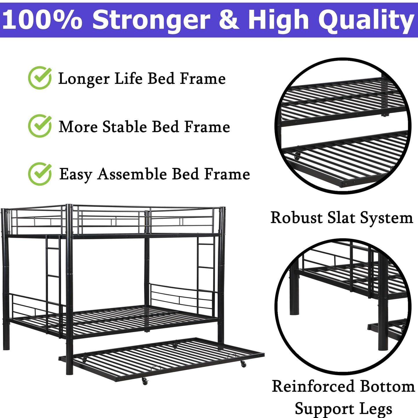 ZMIZAKOY Heavy Duty Full Over Full Bunk Bed with Trundle for Kids Adults Teens, Metal Bunk Bed with Sturdy Guard Rail & 2 Side Ladders, Convertible Bunkbed, No Box Spring Needed (Black)