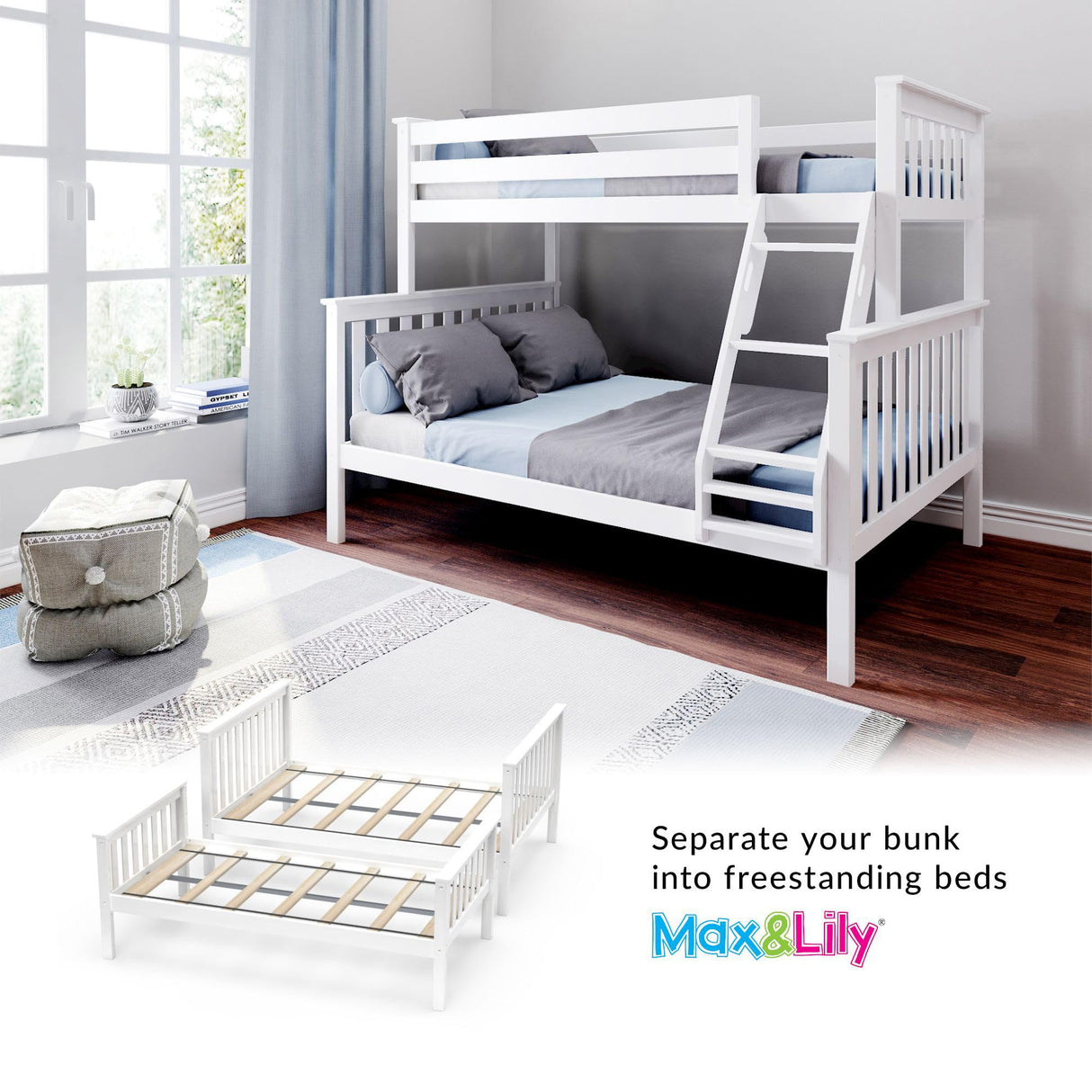 Max & Lily Bunk Bed Twin Over Full Size with Ladder, Solid Wood Platform Bed Frame with Ladder for Kids, 14" Safety Guardrails, Easy Assembly, No Box Spring Needed, White Max & Lily
